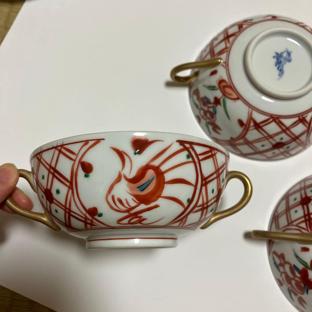 有田焼 福泉窯 手書き 赤絵 未使用 3客 スープカップ ソーサー