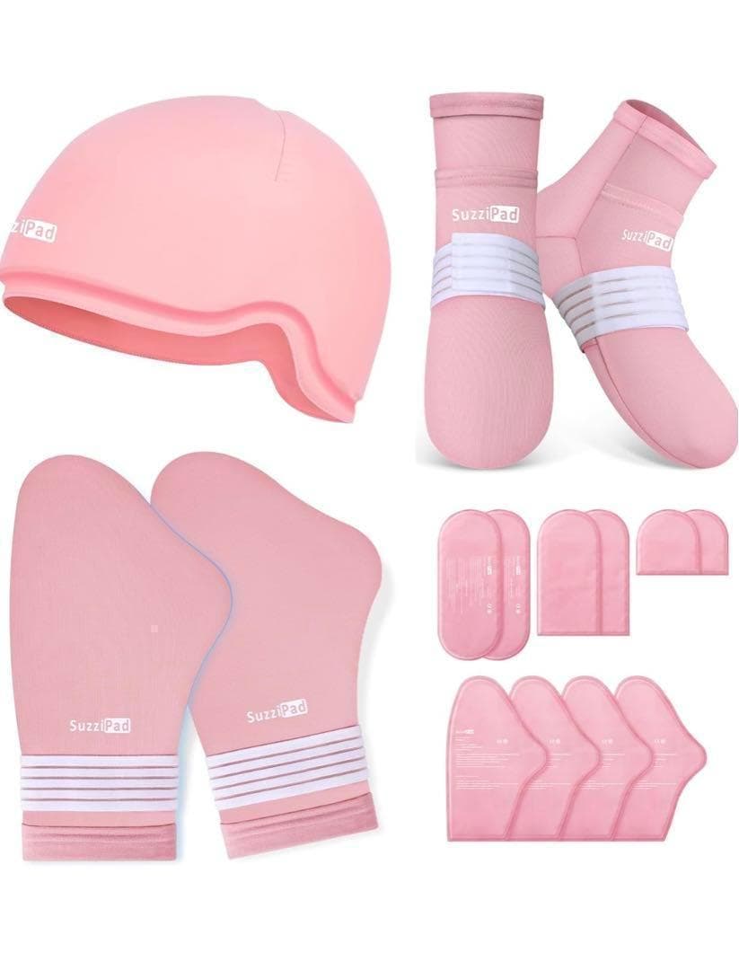 手足頭皮冷却セットピンクS/Mサイズフローズングローブフローズンソックスキャップ