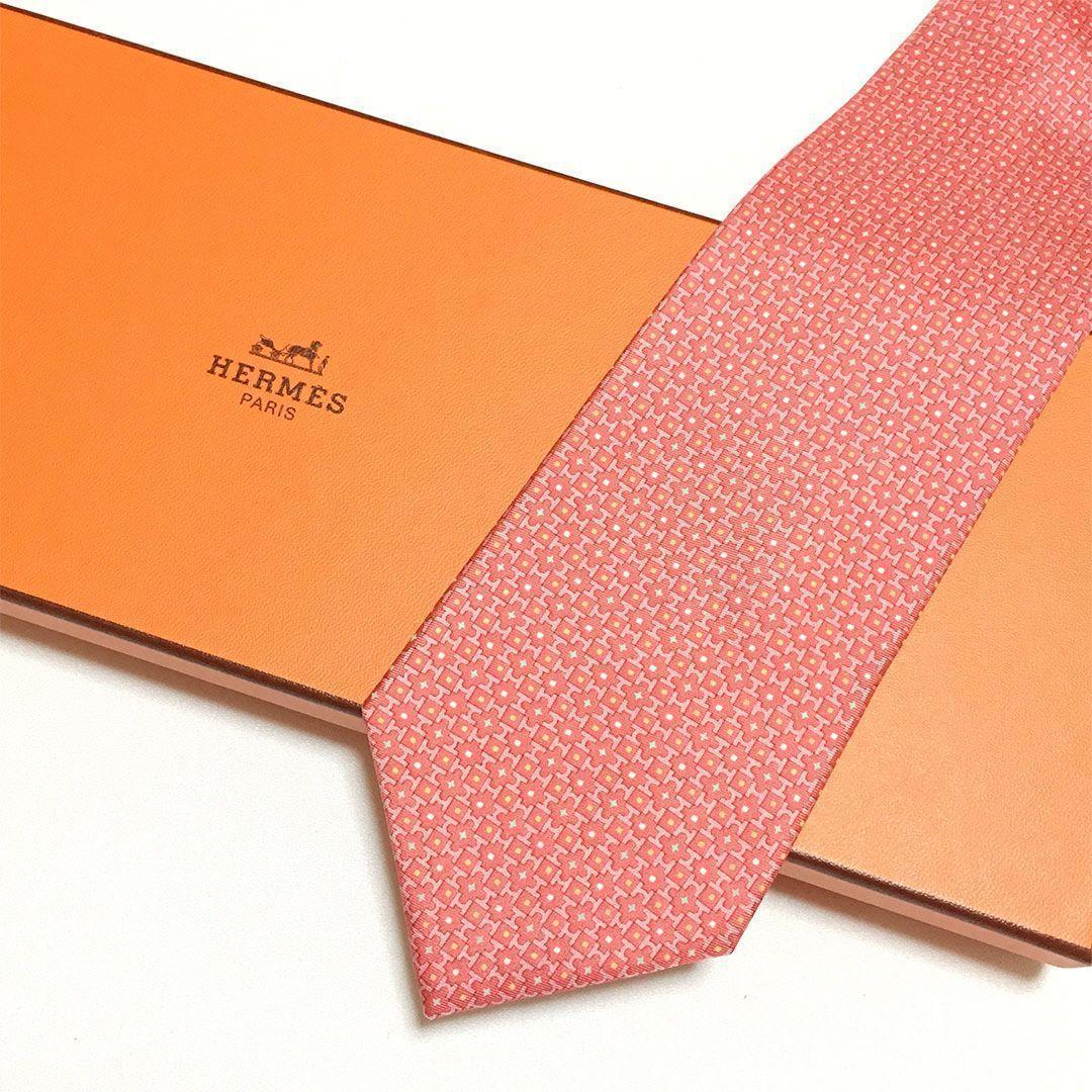 未使用級 エルメス HERMES ネクタイ シルク100% サーモンピンク H柄