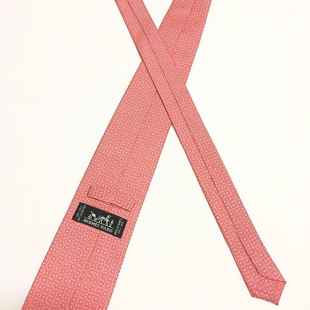 未使用級 エルメス HERMES ネクタイ シルク100% サーモンピンク H柄
