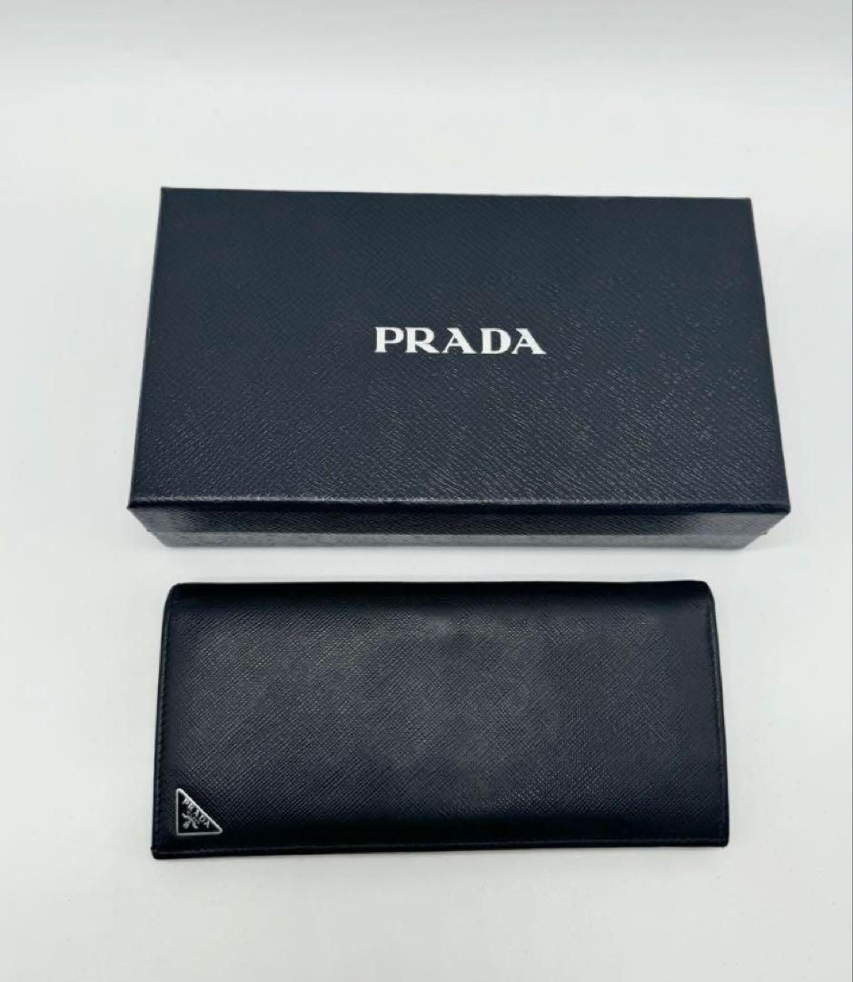 【美品】PRADAトライアングルロゴ 長財布 サフィアーノレザー ブラック