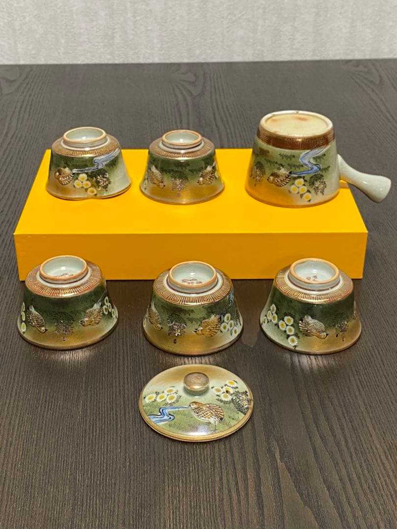 九谷焼 年代物　金彩うずら　煎茶茶器　明治〜大正　レトロ