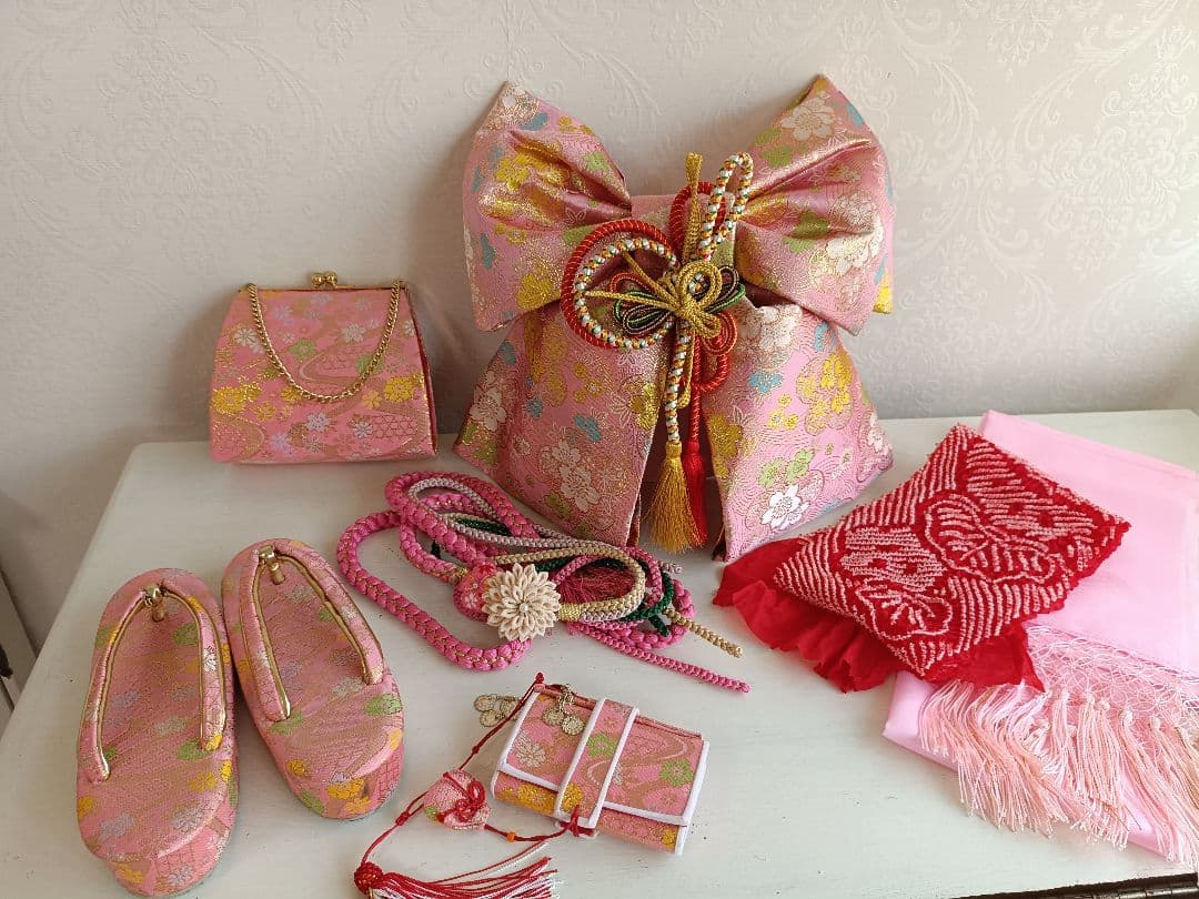 JAPANSTYLE白地にピンクの花模様☆七五三着物帯フルセット