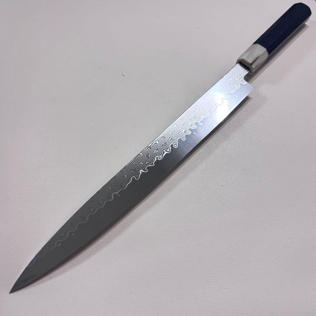 【鞘付き】尺300mm 墨流しダマスカス 柳刃包丁 黒檀本 牛八角柄刺身 和包丁