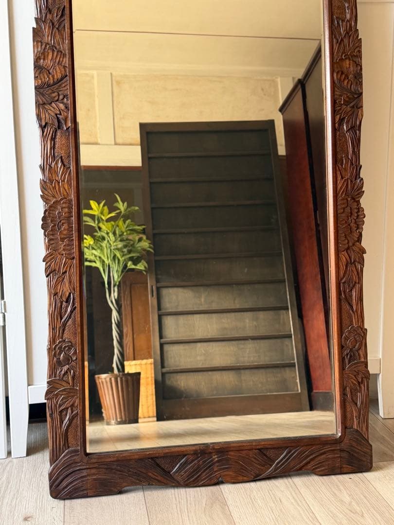 美品 軽井沢彫 軽井沢彫 鏡 姿見 スタンドミラー