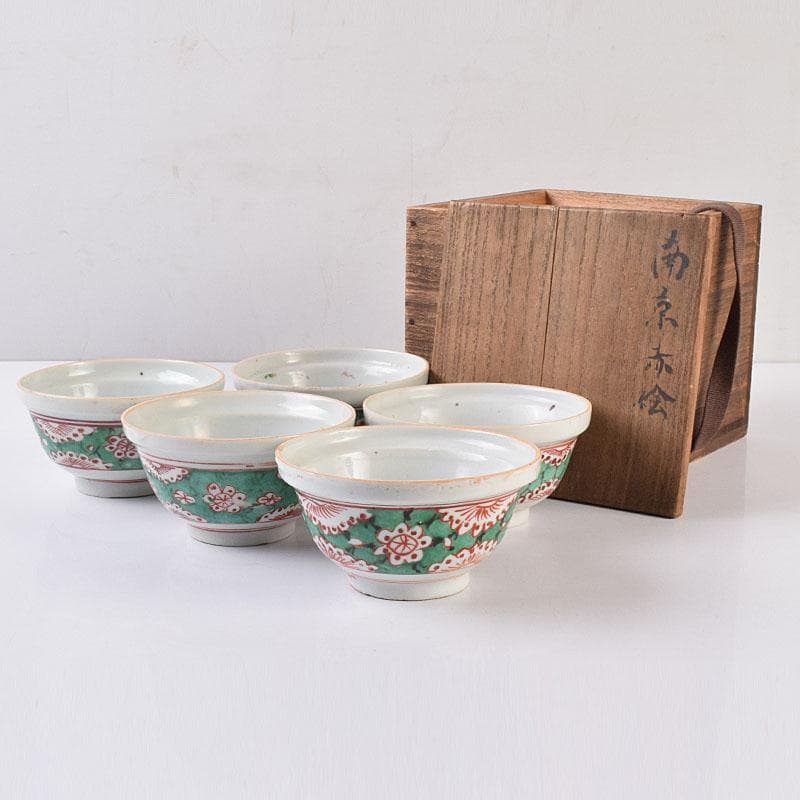 中国　南京赤絵　梅文　煎茶碗　五客　時代箱　V　R9030