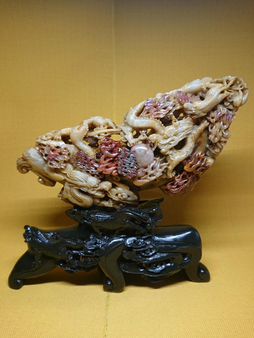 美品　天然石　彫刻　龍　鳳凰　麒麟　置物　インテリア　工芸品　美術品　A3456