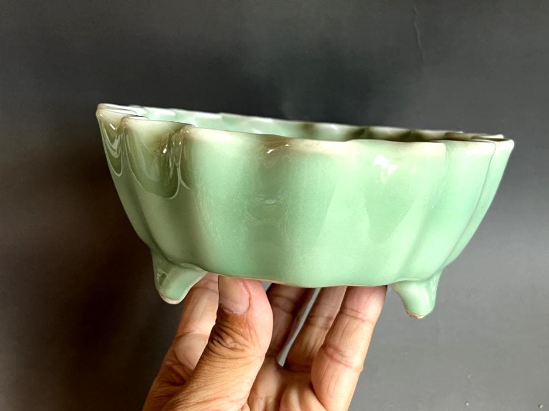 鉢■花びら型四つ足三田青磁古鉢 江戸期 あて皿 盛り皿 古青磁 中鉢 骨董品■