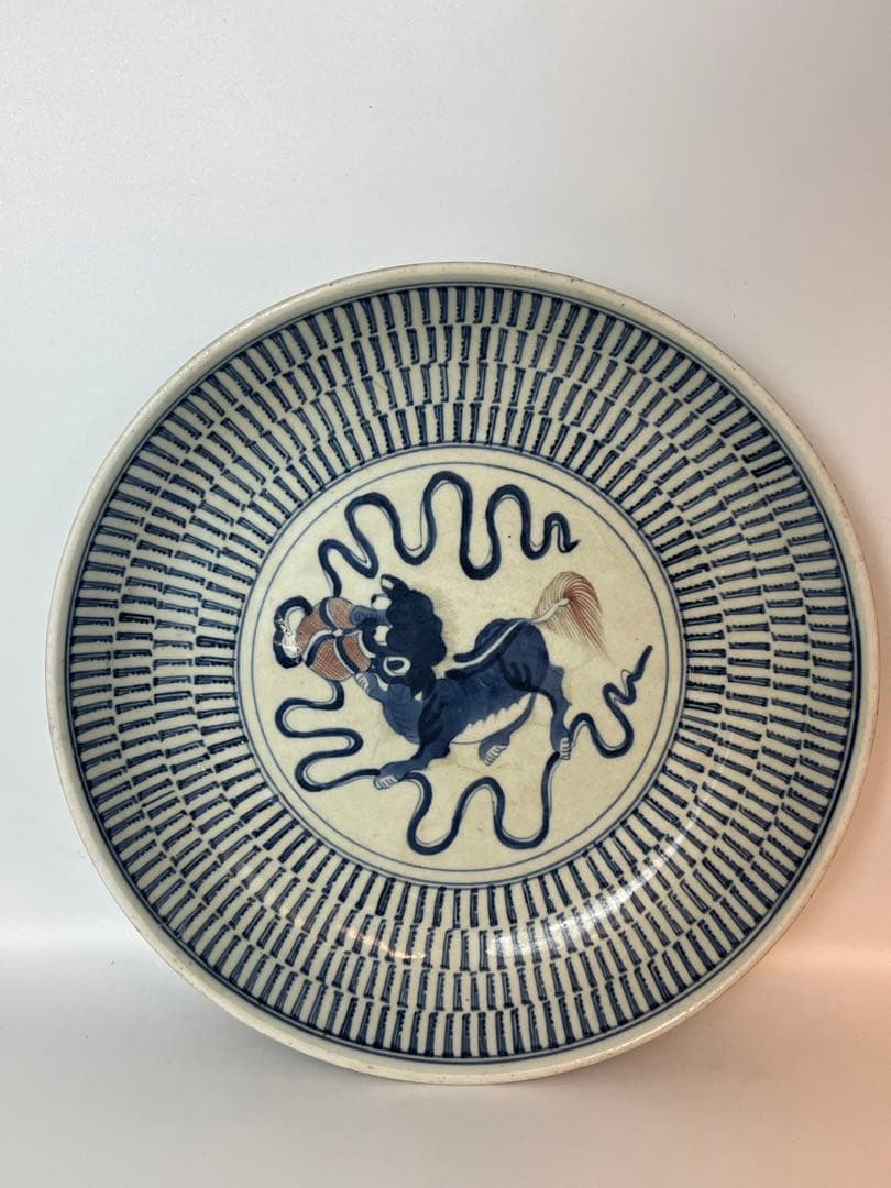 中国 清時代 染付 青華醒獅紋 飾皿　 時代保証