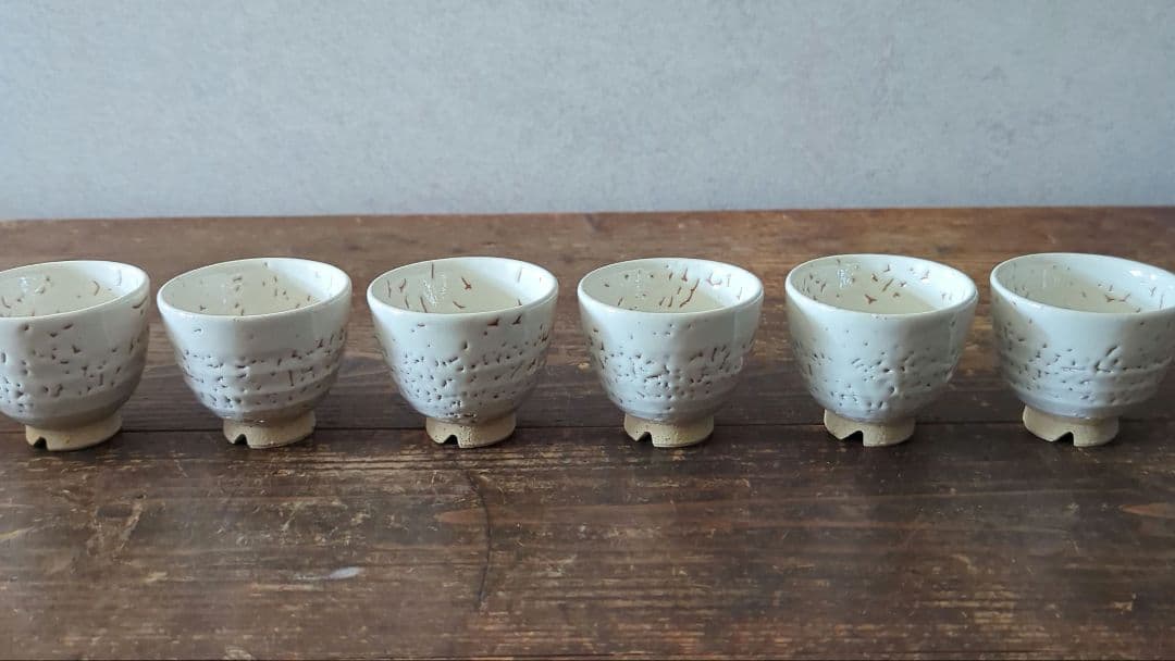 陶芸　茶道具　萩焼　天鵬山　煎茶器　鬼萩白釉　梅花皮【宝瓶　湯冷まし　湯呑み6】