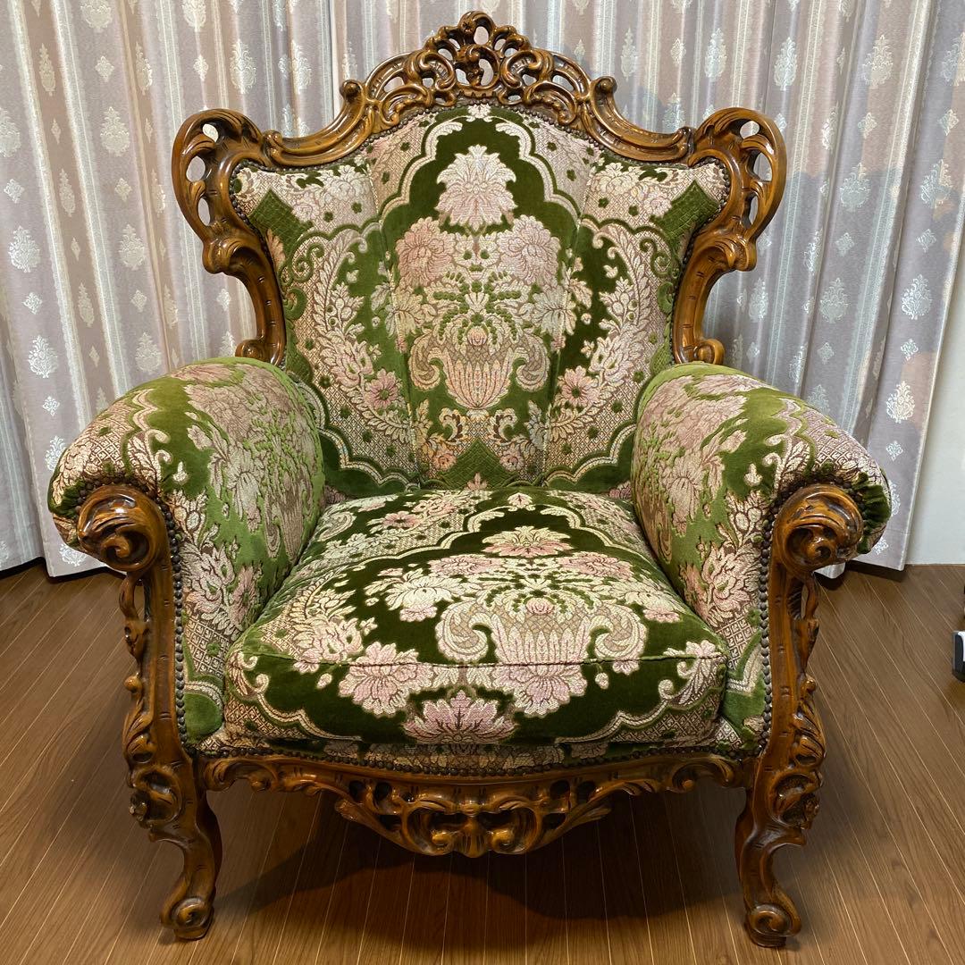 バロックスタイル グリーンベルベットソファ刺繍　アンティーク　西洋