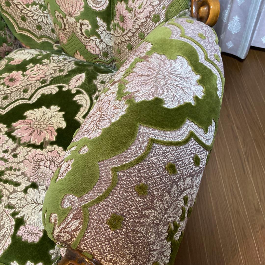 バロックスタイル グリーンベルベットソファ刺繍　アンティーク　西洋