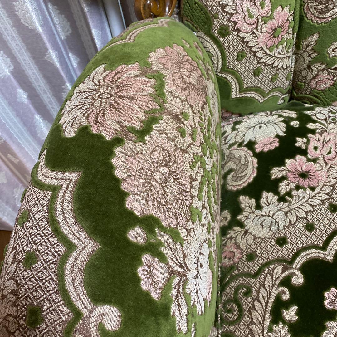 バロックスタイル グリーンベルベットソファ刺繍　アンティーク　西洋