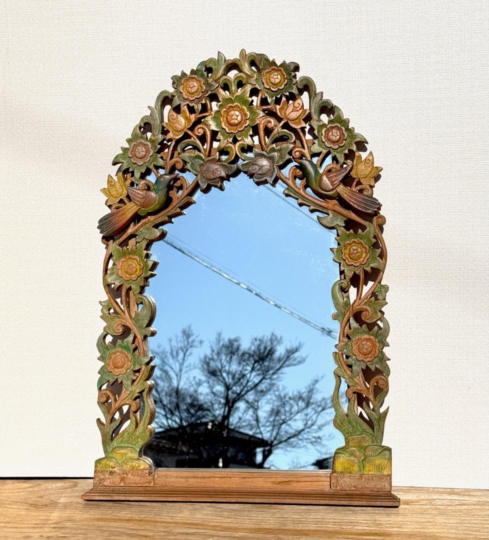 ビンテージ ウォールミラー 透かし彫りとレリーフが織りなす花鳥文 高さ71.5㎝