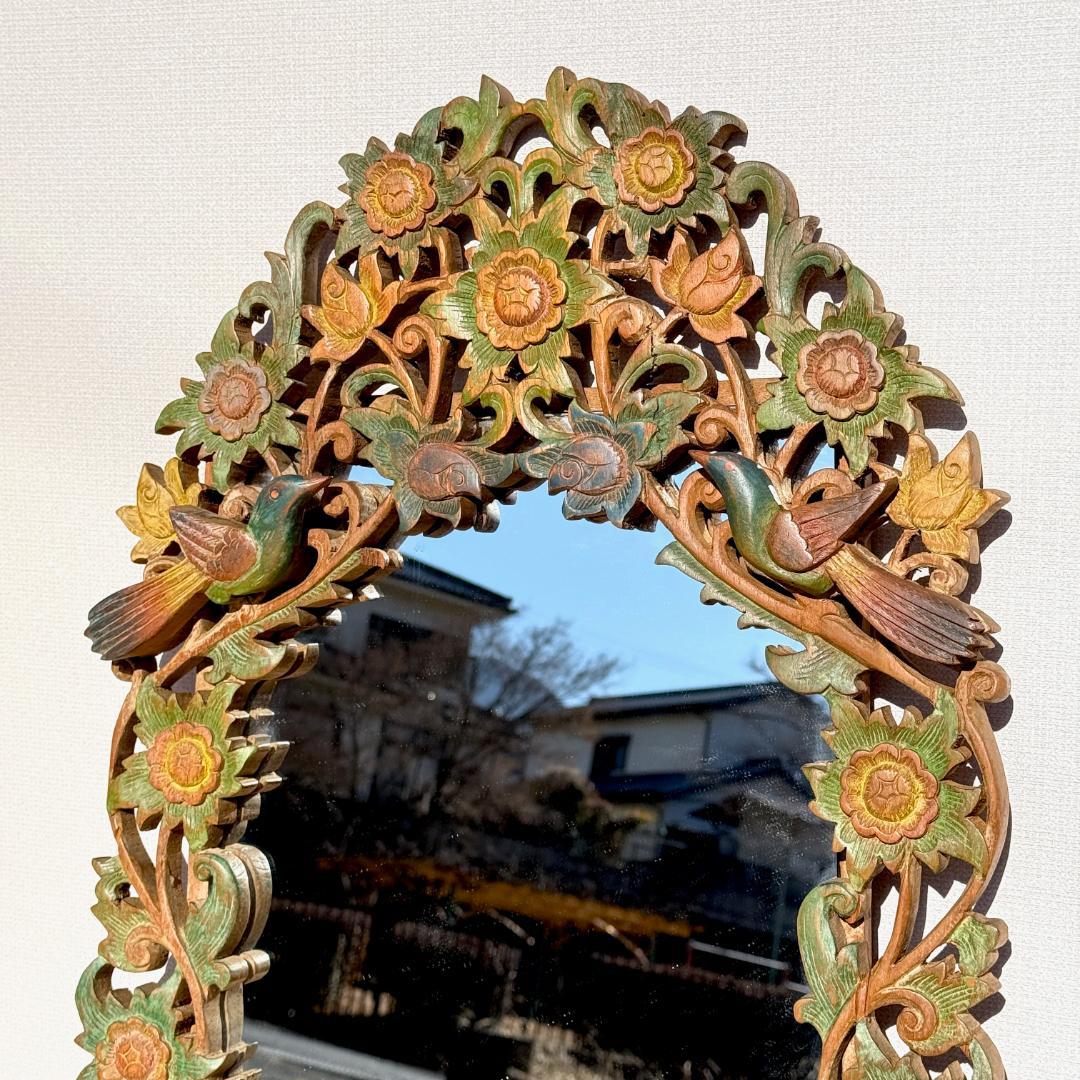ビンテージ ウォールミラー 透かし彫りとレリーフが織りなす花鳥文 高さ71.5㎝