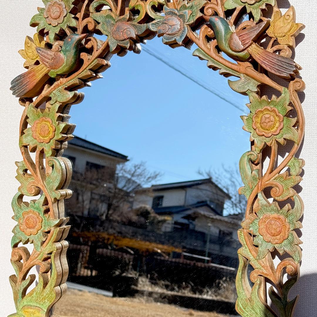ビンテージ ウォールミラー 透かし彫りとレリーフが織りなす花鳥文 高さ71.5㎝