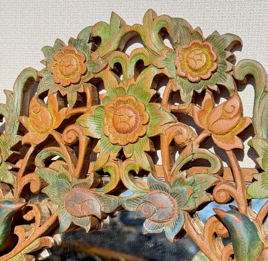 ビンテージ ウォールミラー 透かし彫りとレリーフが織りなす花鳥文 高さ71.5㎝