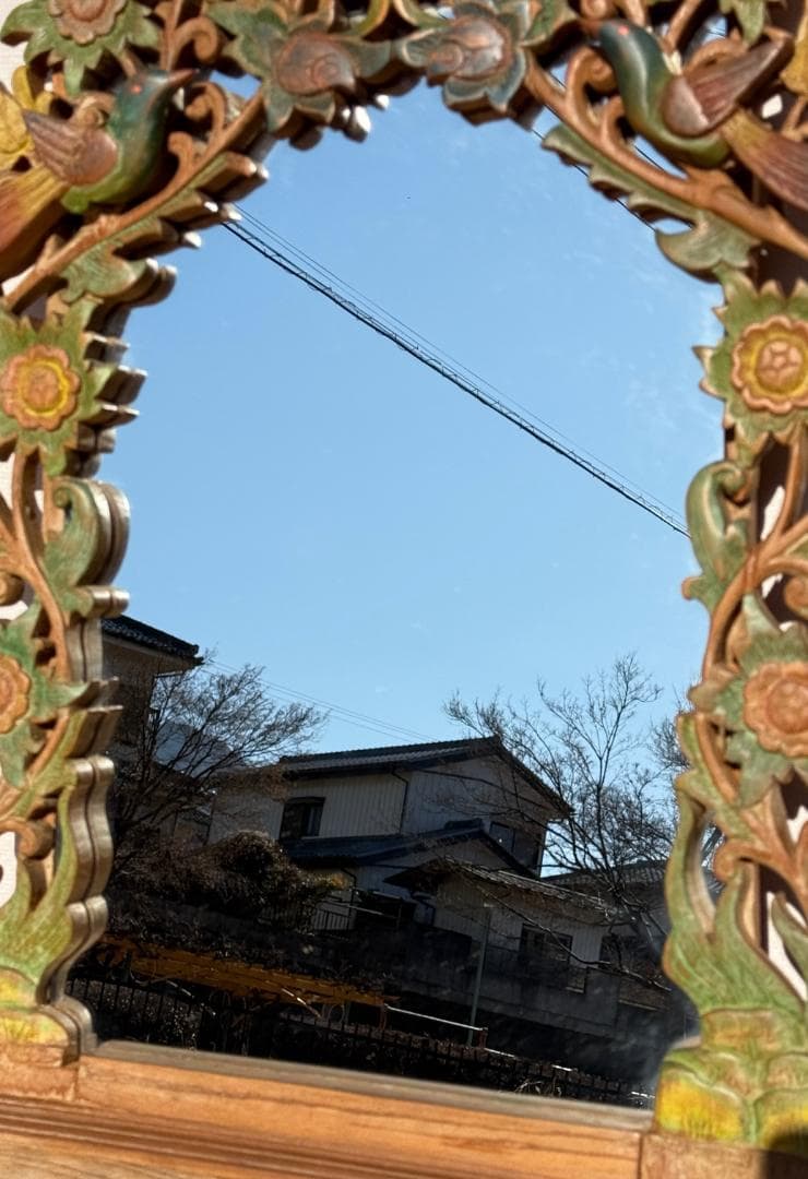 ビンテージ ウォールミラー 透かし彫りとレリーフが織りなす花鳥文 高さ71.5㎝