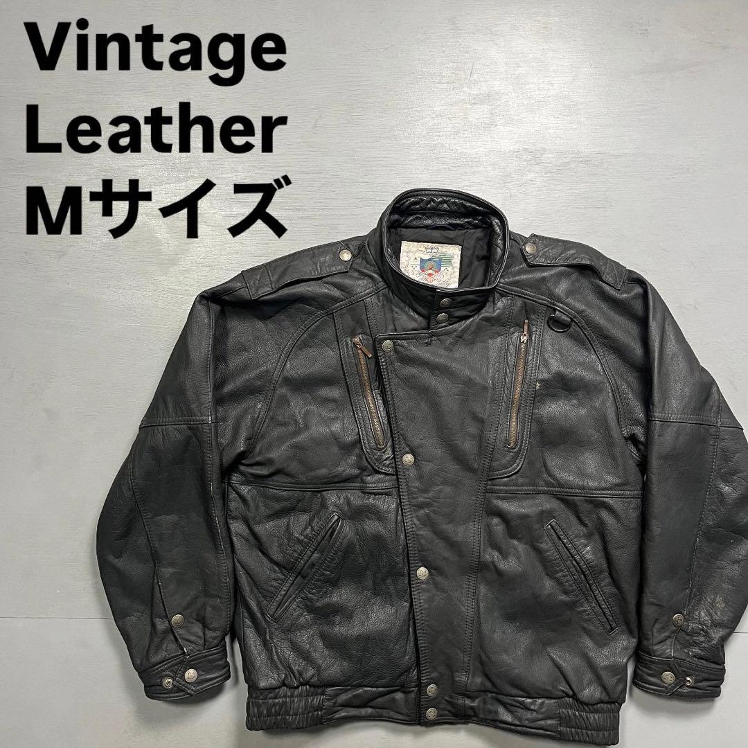 vintage レザーフライトジャケット　牛革　オールレザー　短丈　黒　M