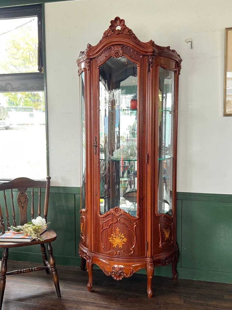 k076 イタリア製 象嵌細工が美しいクラシカル半円キャビネット キュリオケース