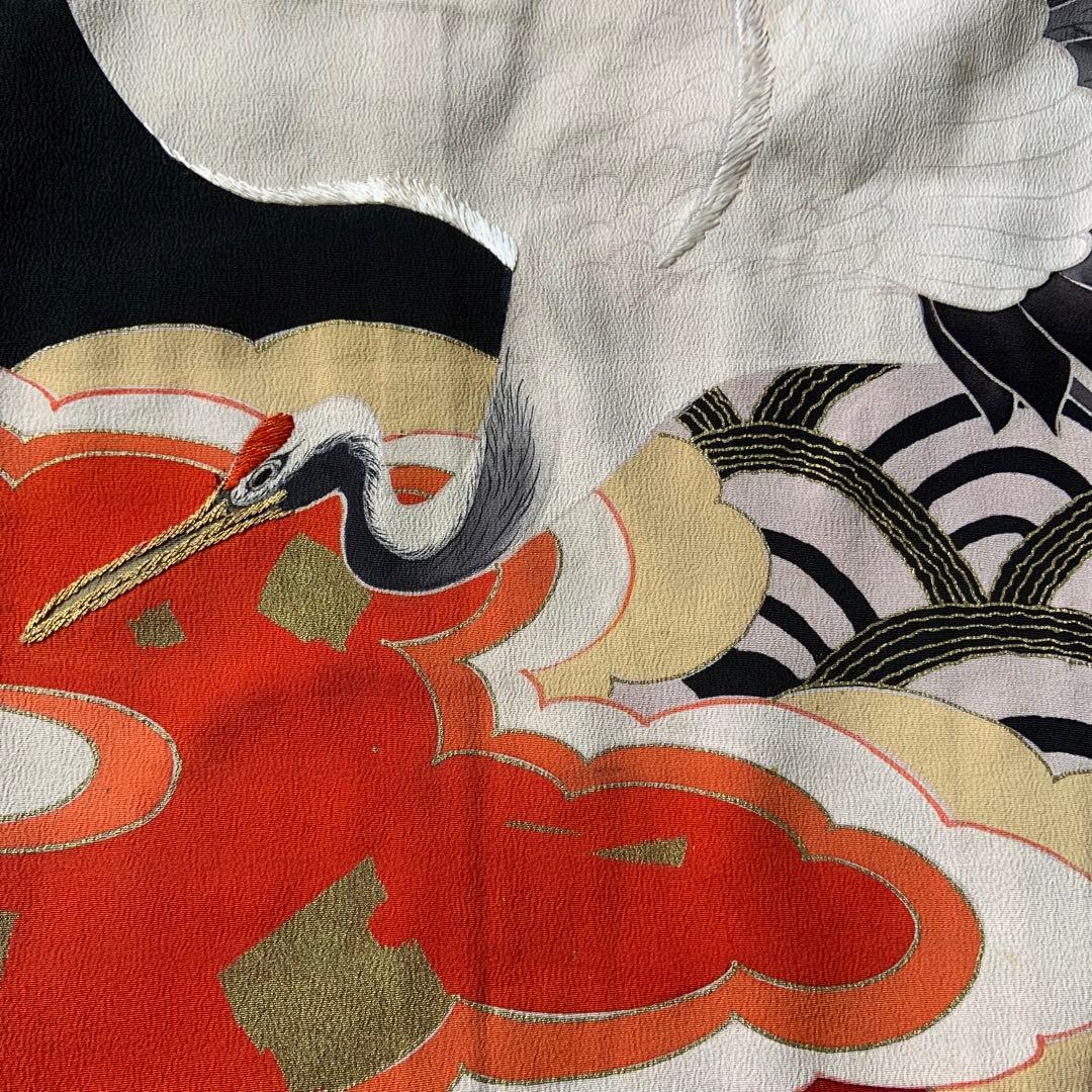 アンティークヴィンテージ振袖 鶴と雲　青海波文様リメイク