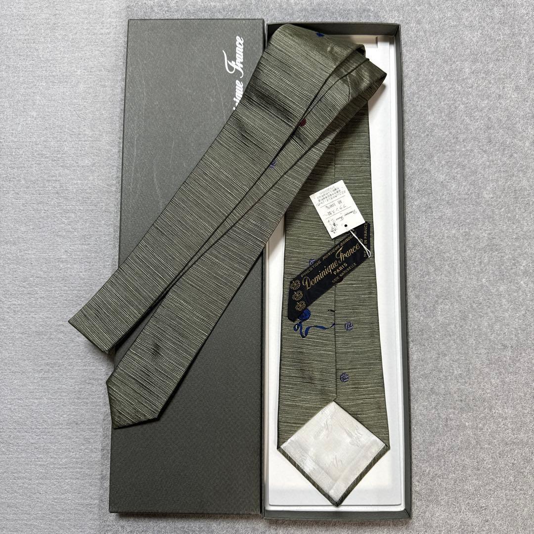 未使用タグ付　ドミニクフランス　ネクタイ　緑系　鞠柄　スリークラウン王冠