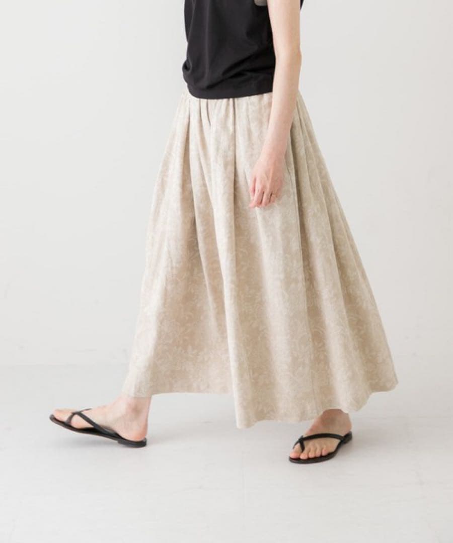 未使用✨かぐれ コットンリネンジャガードスカート フレア リネン 総柄 タック