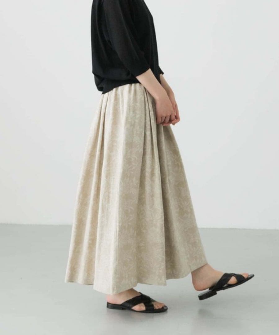 未使用✨かぐれ コットンリネンジャガードスカート フレア リネン 総柄 タック
