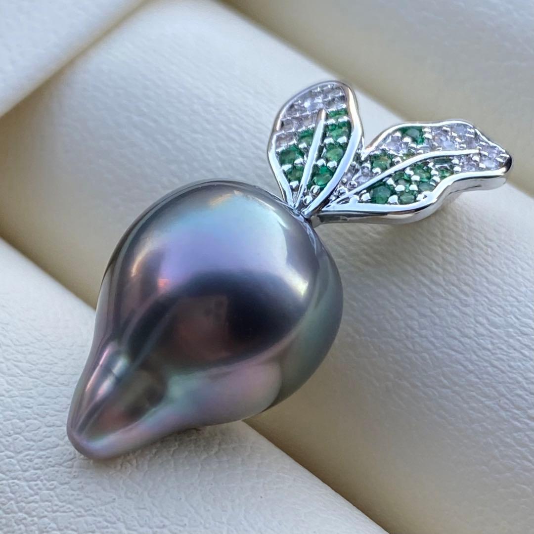 本真珠　南洋黒蝶真珠ネックレストップ　15.4*11.4mmグリーン紫PT927