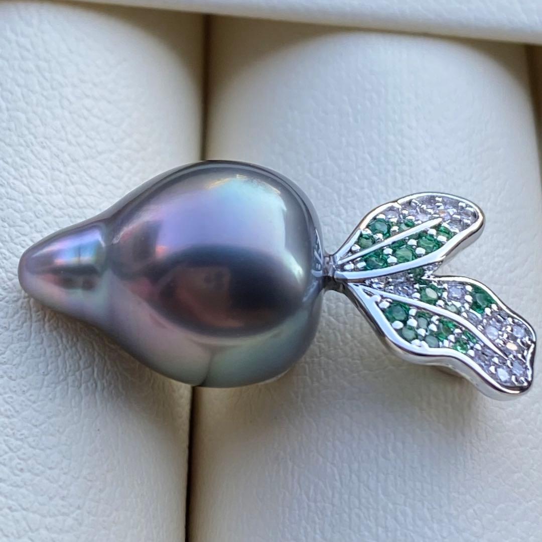 本真珠　南洋黒蝶真珠ネックレストップ　15.4*11.4mmグリーン紫PT927