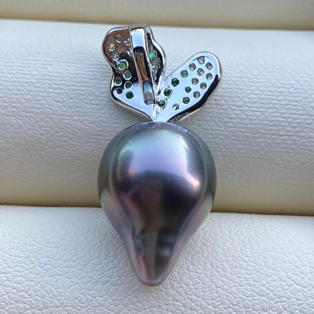 本真珠　南洋黒蝶真珠ネックレストップ　15.4*11.4mmグリーン紫PT927