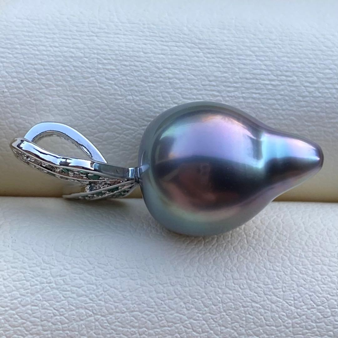 本真珠　南洋黒蝶真珠ネックレストップ　15.4*11.4mmグリーン紫PT927