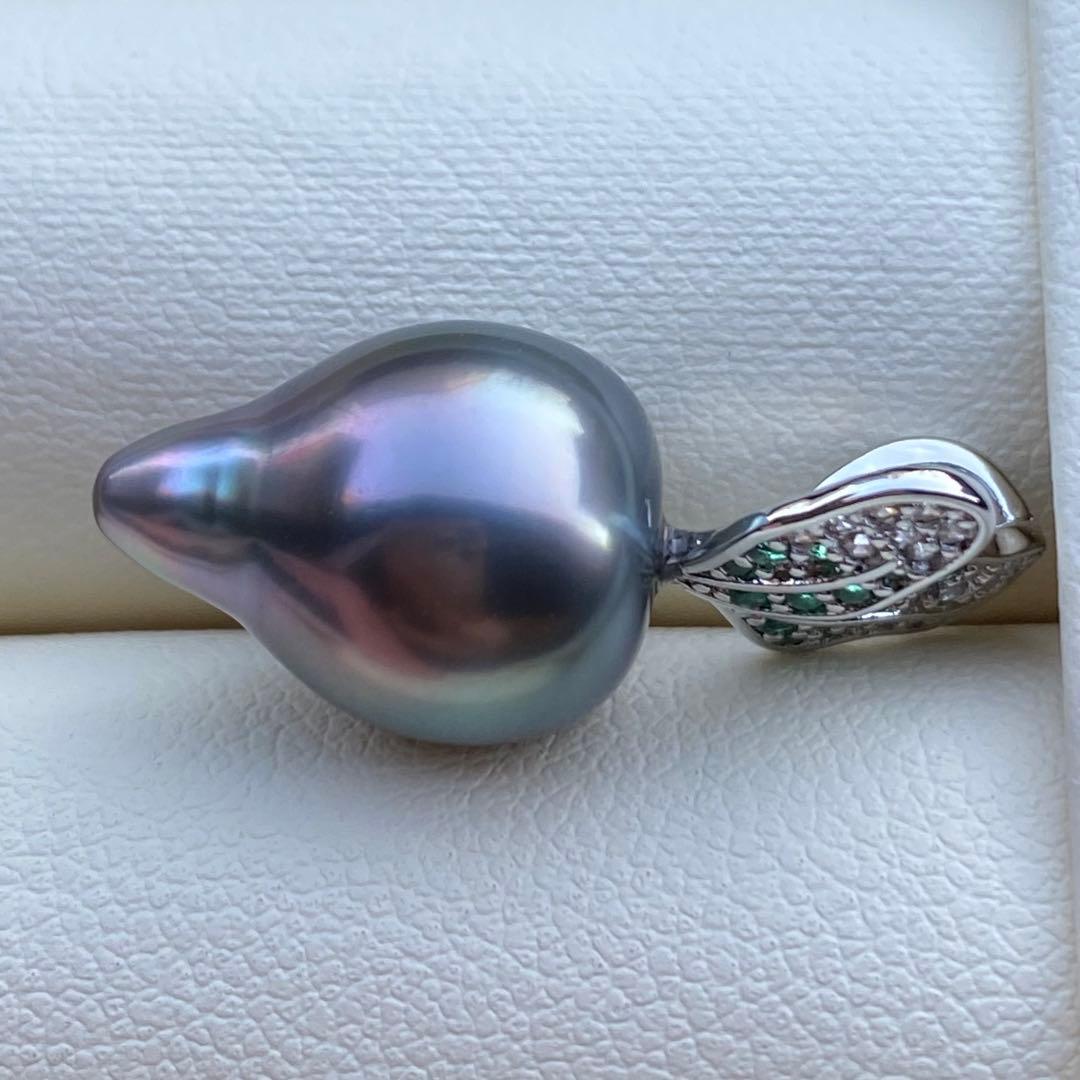 本真珠　南洋黒蝶真珠ネックレストップ　15.4*11.4mmグリーン紫PT927