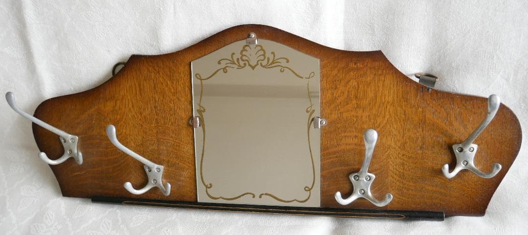 イギリス製アンティーク　ミラー付き木製ハンガーラック