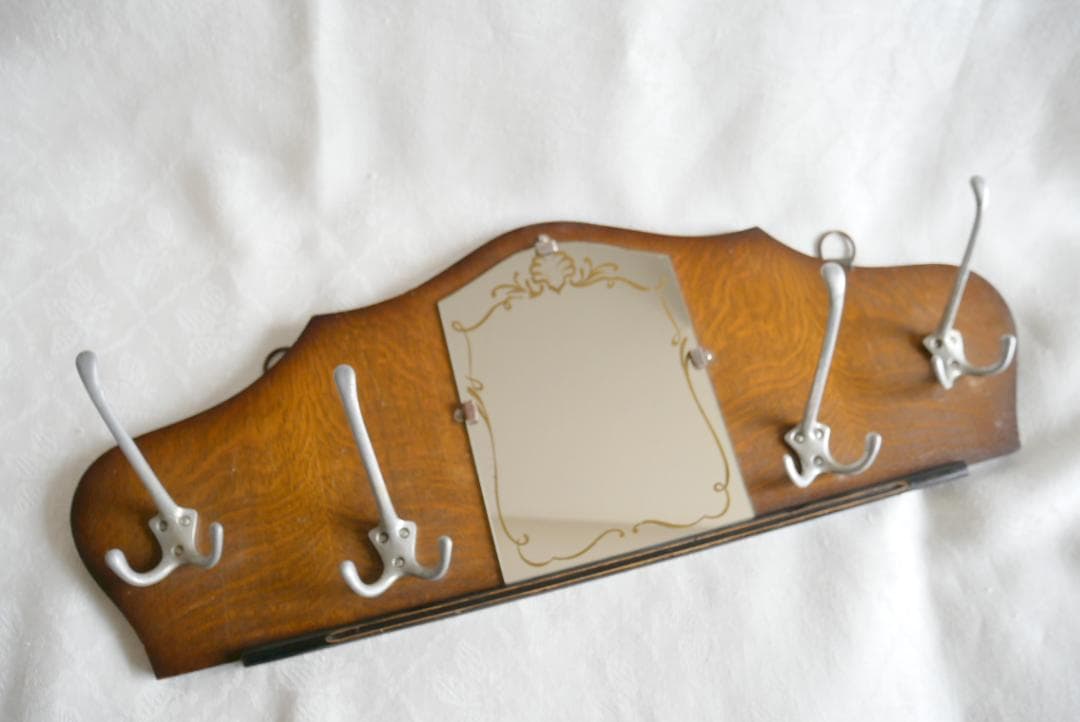 イギリス製アンティーク　ミラー付き木製ハンガーラック