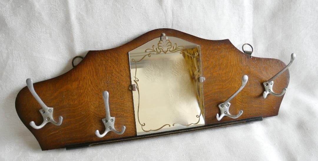 イギリス製アンティーク　ミラー付き木製ハンガーラック