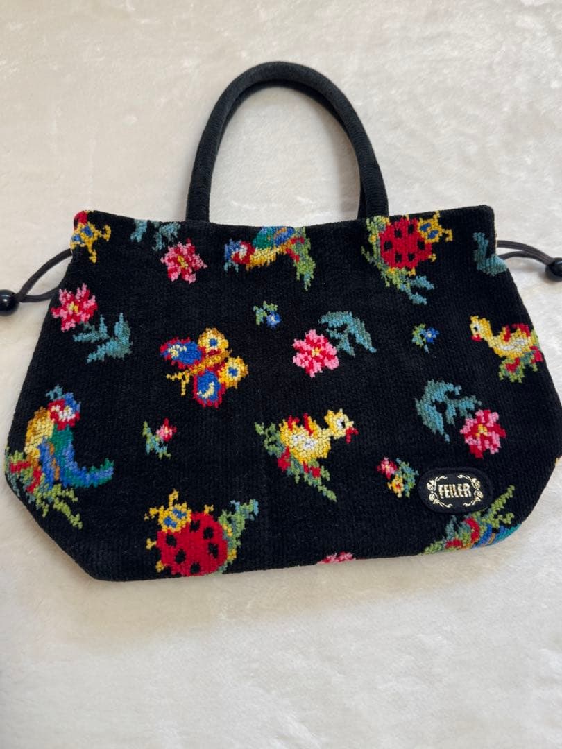 いちご美品FEILER ハイジ シュニール織り 手付き巾着 ハンドバッグ