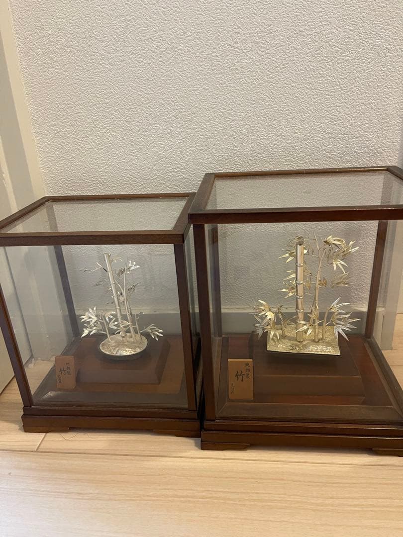 洋銀製純銀仕上 光則作 竹盆栽 銀細工置物 ガラスケース付　2個セット