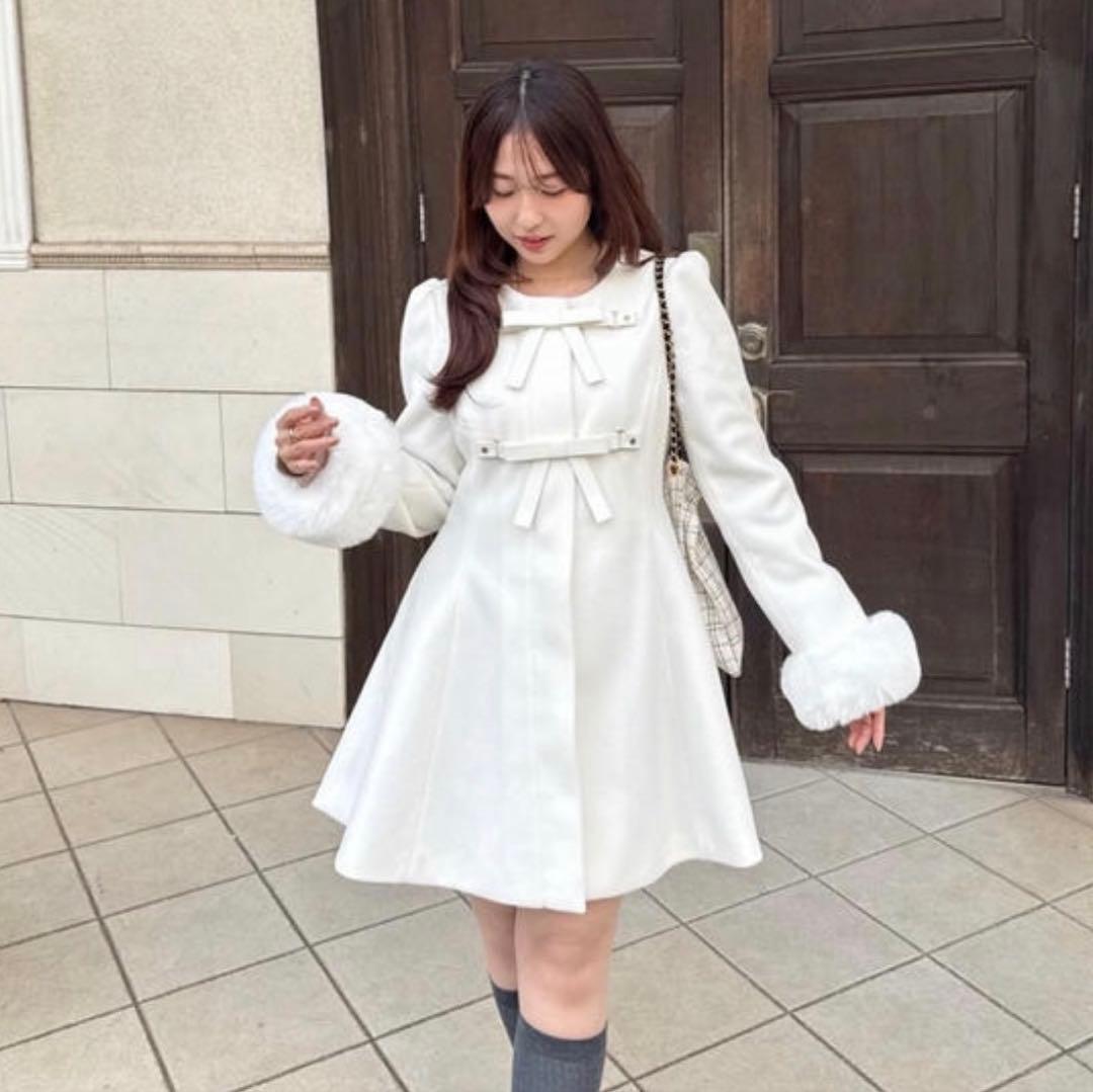 evelyn リボンフレアノーカラーコート ホワイト