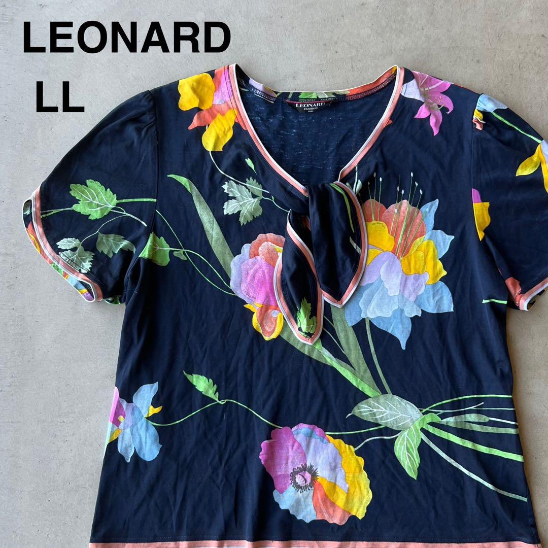 【LEONARD】レオナール　LL　半袖トップス　ブラウス　ネイビー　花柄