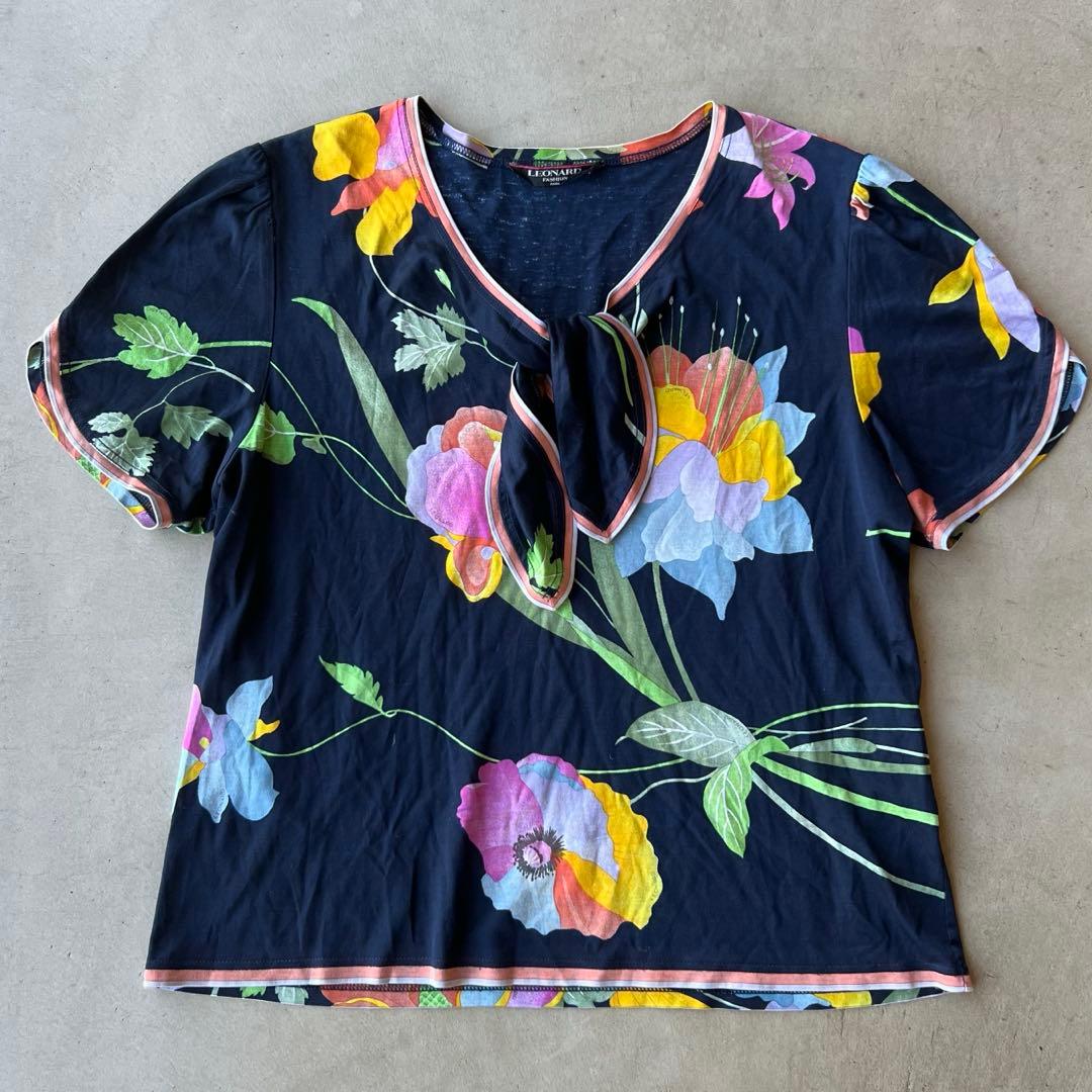 【LEONARD】レオナール　LL　半袖トップス　ブラウス　ネイビー　花柄
