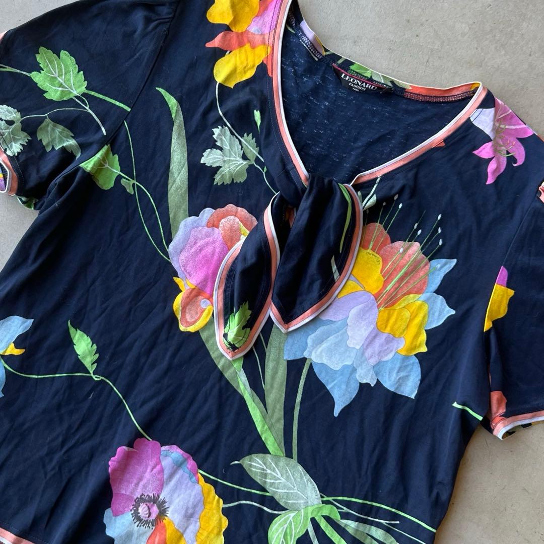【LEONARD】レオナール　LL　半袖トップス　ブラウス　ネイビー　花柄