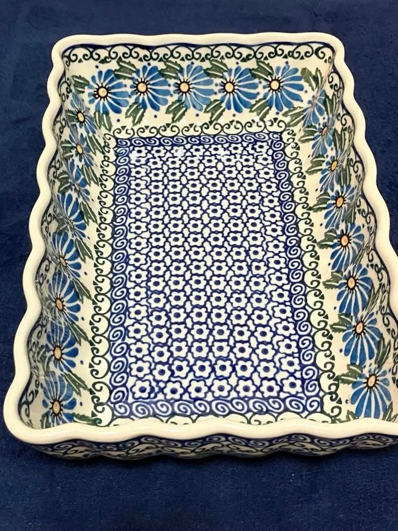 ポーランド食器ポーリッシュポタリー★セラミカ★オーバル★21 cm★青黄花