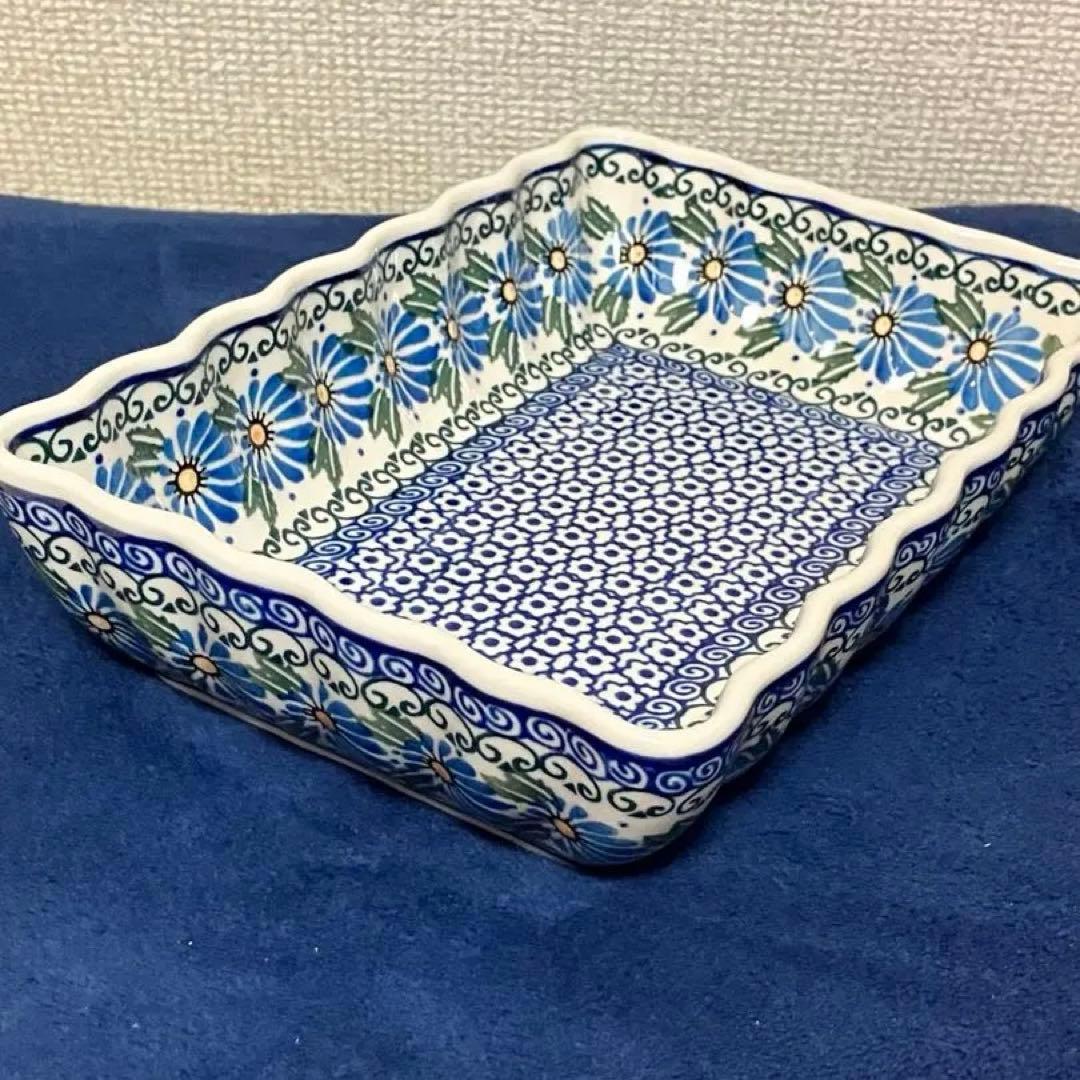 ポーランド食器ポーリッシュポタリー★セラミカ★オーバル★21 cm★青黄花
