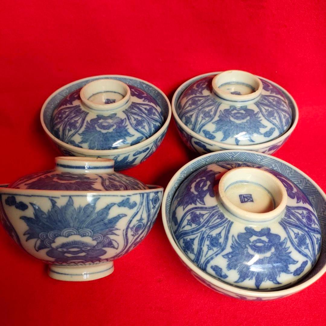 伊万里焼 角福 明治時代 蓋付き碗揃 獅子絵 立涌文