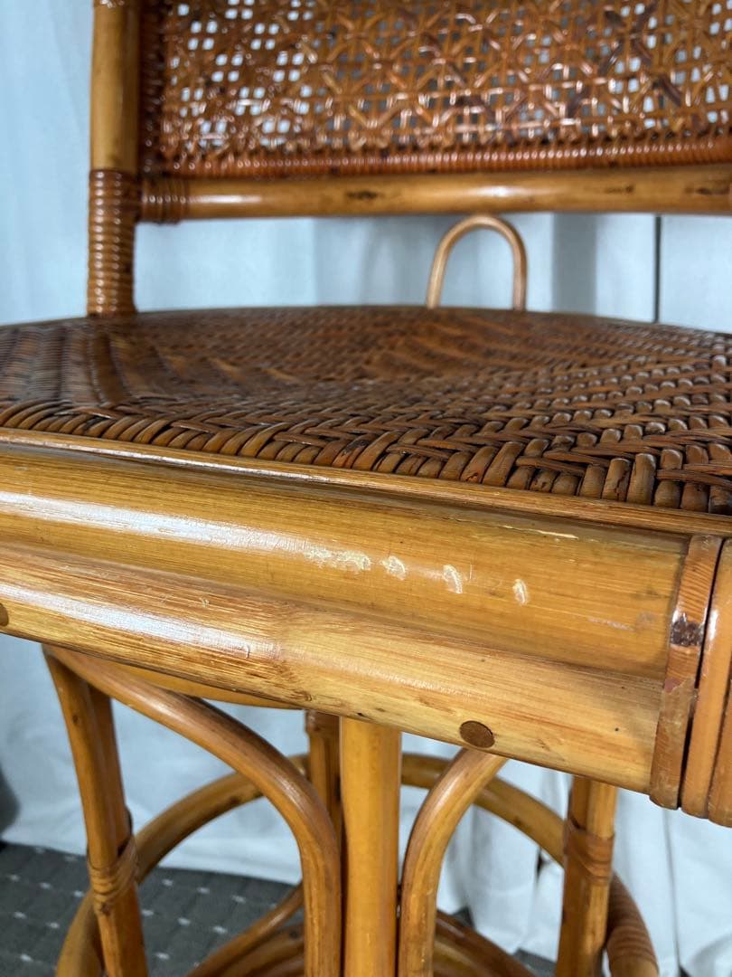昭和レトロ ラタン 回転チェア 籐製 アジアン カウンターチェア ヴィンテージ