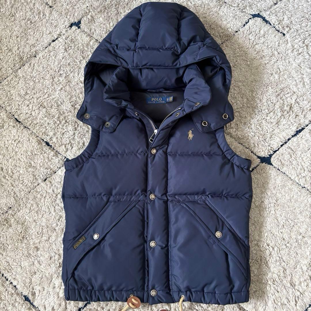 【美品✨】ポロラルフローレン　ダウンベスト　フード　レザー　ポニー刺繍　ネイビー