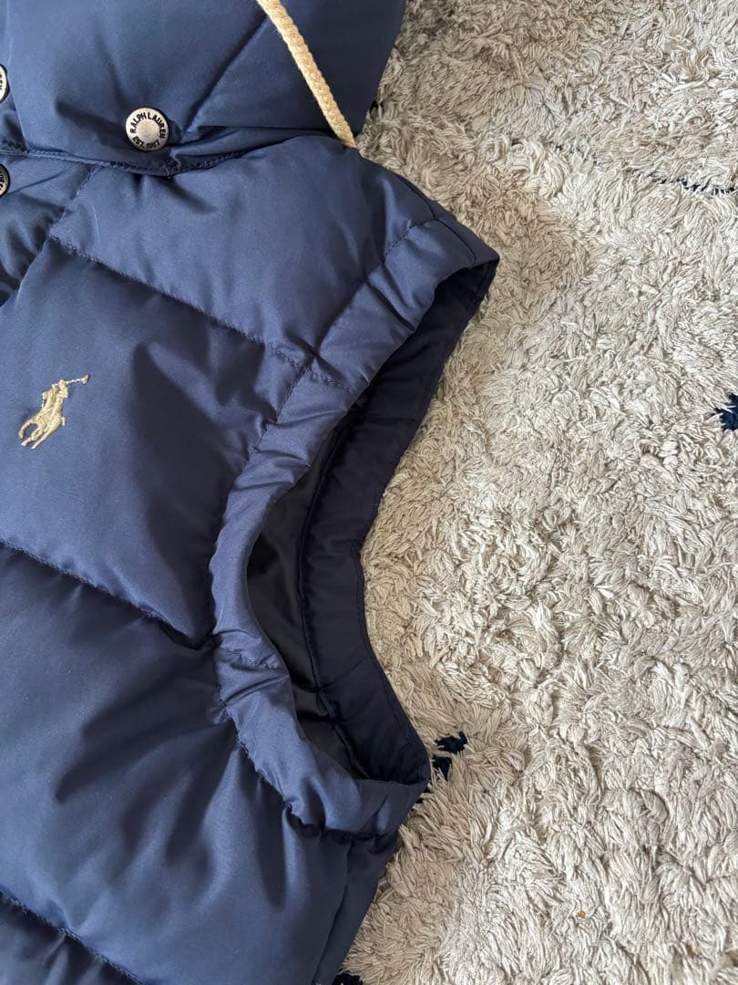 【美品✨】ポロラルフローレン　ダウンベスト　フード　レザー　ポニー刺繍　ネイビー