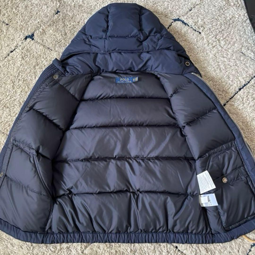 【美品✨】ポロラルフローレン　ダウンベスト　フード　レザー　ポニー刺繍　ネイビー