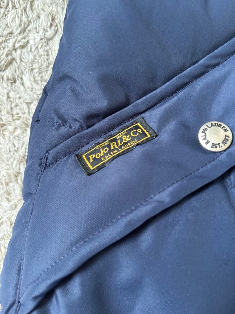 【美品✨】ポロラルフローレン　ダウンベスト　フード　レザー　ポニー刺繍　ネイビー